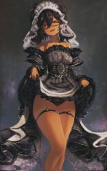 1girl ars_lycorys black-framed_eyewear black_dress black_hair black_panties bridal_veil commission corrupted_twitter_file dark-skinned_female dark_skin dress fangs frilled_dress frills glasses hair_between_eyes high-low_dress highres lifting_own_clothes long_sleeves looking_at_viewer medium_hair off-shoulder_dress off_shoulder original panties red_eyes see-through_clothes see-through_veil smile solo standing string_panties teeth thigh_strap twintails underwear veil white_veil