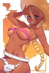 1girl absurdres belt bikini blonde_hair braid breasts cammy_white dracksart front-tie_bikini_top front-tie_top hat highres jewelry loose_belt low_twin_braids navel necklace official_alternate_costume pink_bikini pouch scar scar_on_face shaded_face side-tie_bikini_bottom smile solo stomach straw_hat street_fighter street_fighter_6 sweat swimsuit tan tanline thigh_pouch thigh_strap twin_braids white_belt