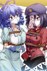 2girls absurdres aqua_dress bdsm blue_eyes blue_hair bondage bound cloth_gag dress drill_hair gag gagged hair_rings highres improvised_gag kaku_seiga kikoka_(mizuumi) lying miyako_yoshika multiple_girls ofuda ofuda_on_head over_the_nose_gag purple_eyes tagme touhou