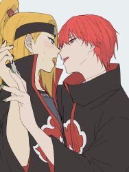 2boys akatsuki_uniform black_nails blonde_hair blush deidara_(naruto) eyeliner fishnet_top fishnets forehead_protector french_kiss green_nails grey_background hayamin35 high_ponytail highres kiss long_hair looking_at_another makeup male_focus multiple_boys naruto_(series) naruto_shippuuden open_clothes open_mouth open_robe ponytail red_eyes red_hair robe saliva saliva_trail sasori_(naruto) short_hair smug yaoi