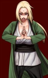 Rule 34 | 1girl, angry, blonde hair, brown eyes, facial mark, female focus, forehead mark, highres, japanese clothes, kamisuki, long hair, looking at viewer, nail polish, naruto, naruto (series), simple background, solo, standing, tsunade (naruto)