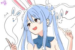 &gt;_&lt; 1girl :d :t ^^^ animal_ear_fluff animal_ears blue_hair blush braid brown_eyes closed_eyes closed_mouth commentary_request don-chan_(usada_pekora) hair_between_eyes hands_up heart highres hololive kiritoma looking_to_the_side multicolored_hair open_mouth rabbit-shaped_pupils rabbit_ears short_eyebrows signature simple_background smile solo symbol-shaped_pupils thick_eyebrows twintails two-tone_hair upper_body usada_pekora usada_pekora_(10th_costume) virtual_youtuber wavy_mouth white_background white_hair |_|