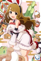 1girl animal_ears ankle_boots artist_name blunt_bangs boots brown_eyes brown_hair chinese_zodiac commentary daruma_doll dated detached_sleeves dress egasumi ema fake_animal_ears fake_tail flying_sweatdrops food fur-trimmed_dress fur-trimmed_sleeves fur_trim hagoita hane_(hanetsuki) hanetsuki high_heel_boots high_heels holding holding_mallet idolmaster idolmaster_million_live! kadomatsu kagami_mochi kine leg_up long_hair looking_at_viewer mallet miyao_miya mochi mochitsuki mortar_(bowl) new_year omikuji open_mouth otoshidama paddle rabbit_ears rabbit_tail sanbou shide short_dress signature smile solo standing standing_on_one_leg tail tun white_boots white_dress white_sleeves year_of_the_rabbit
