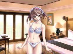 Rule 34 | 1girl, bow, bow bra, bow panties, bra, brown hair, female focus, game cg, headdress, kukuru (lycoris radiata), lace, lace-trimmed bra, lace trim, lingerie, lycoris radiata, maid, panties, ribbon, solo, standing, tachi-e, thigh gap, thighhighs, thighs, twintails, underwear, underwear only, white bra, white panties, white thighhighs, yellow eyes, yokota mamoru