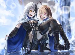 Rule 34 | 2girls, absurdres, ahoge, black boots, black dress, black gloves, black hair, black thighhighs, blonde hair, boots, breasts, brown hair, carrying, cleavage, cloak, dress, fingerless gloves, gigi murin, gigi murin (1st costume), gloves, grey hair, highres, hololive, hololive english, koizumi arata, large breasts, multicolored hair, multiple girls, one eye closed, open mouth, princess carry, ribbon, shiori novella, shiori novella (1st costume), single thighhigh, split-color hair, teeth, thighhighs, two-tone hair, upper teeth only, virtual youtuber, water, waterfall, wet, white cloak, white ribbon, yellow eyes