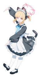 1girl :d absurdres animal_ear_headphones animal_ears apron aqua_ribbon arm_up back_bow black_dress black_shoes black_tail blonde_hair blue_archive blunt_bangs blush bow cat_ear_headphones cat_ears cat_tail chinese_commentary collared_dress commentary contrast_collar cupping_hand dress fake_animal_ears fake_tail fanshuimucishen frilled_apron frilled_dress frills full_body hair_bow halo headphones highres long_sleeves looking_at_viewer maid maid_apron maid_headdress momoi_(blue_archive) momoi_(maid)_(blue_archive) neck_ribbon number_print official_alternate_costume official_alternate_hairstyle open_mouth outstretched_arms pantyhose parted_bangs pink_halo puffy_long_sleeves puffy_sleeves red_bow red_eyes ribbon shoes short_hair short_twintails sidelocks simple_background smile solo standing tail tail_raised tail_under_clothes toes_up twintails white_apron white_background white_bow white_headdress white_pantyhose