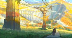 Rule 34 | 1other, absurdres, aqueduct, backpack, bag, bedroll, blue cloak, blue sky, building, cable, cable car, cloak, cloud, fantasy, from behind, grass, hat, highres, holding, holding staff, house, mage staff, merlimambrosuis, mountain, original, outdoors, path, road, scenery, sky, solo, staff, tower, tree, valley, village, witch hat