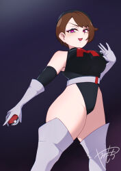 Rule 34 | belt, boots, breasts, corruption, dark persona, elbow gloves, gloria (pokemon), gloves, highleg, highres, holding, holding poke ball, large breasts, leotard, mind control, nintendo, pink eyes, poke ball, poke ball (basic), pokemon, pokemon swsh, single letter, smile, team rocket, team rocket uniform, thigh boots, v-shaped eyebrows, white boots, yami-mochi