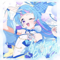 Rule 34 | 1girl, aokaze nana, bare shoulders, blue bow, blue bowtie, blue dress, blue hair, blue nails, blue sleeves, blue theme, blue wrist cuffs, blunt bangs, border, bow, bowtie, bubble, collar, cowboy shot, cure wink, dated, detached collar, detached sleeves, dot nose, dress, earrings, english text, eyelashes, hair bobbles, hair bow, hair bun, hair ornament, hairband, hand on own head, happy, happy birthday, headset, heart, heart earrings, highres, jewelry, kimi to idol precure, layered dress, light blush, long hair, looking at viewer, magical girl, multicolored hair, multiple earrings, nail polish, one eye closed, one side up, open mouth, plaid bow, plaid clothes, plaid dress, plaid sleeves, precure, purple eyes, purple hair, serizawa serizane, short sleeves, signature, single side bun, smile, solo, sparkle, sphere earrings, standing, strapless, strapless dress, streaked hair, tareme, too many watermarks, twitter username, two-tone hair, very long hair, watermark, watermark grid, white background, white collar, white dress, white hairband, wrist cuffs