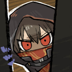1boy artist_request brown_hair chibi chibi_only chinese_commentary doorway girls&#039;_frontline girls&#039;_frontline_neural_cloud glaring hood hood_up looking_at_viewer lowres official_art penumbra_(neural_cloud) red_eyes second-party_source solo
