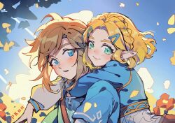 1boy 1girl arms_around_neck artist_name blonde_hair blue_eyes blue_shirt blue_tunic braid cat_princess closed_mouth crown_braid falling_petals green_eyes hair_ornament hairclip hug hug_from_behind light_blush link long_sleeves looking_at_viewer medium_hair nintendo outdoors parted_bangs parted_lips petals pointy_ears princess_zelda shirt short_hair smile swept_bangs the_legend_of_zelda the_legend_of_zelda:_breath_of_the_wild tunic upper_body white_sleeves
