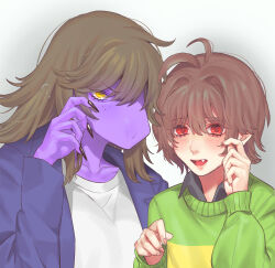 1girl 1other ? aegyo_sal black_nails black_shirt blush coat collared_shirt colored_skin commentary_request deltarune fang fingernails freckles furry furry_female green_sweater hair_between_eyes hair_intakes hand_on_own_cheek hand_on_own_face hand_up hands_up highres kris_(deltarune) lapels lips long_sleeves looking_at_viewer nail_polish open_clothes open_coat open_mouth puffy_long_sleeves puffy_sleeves purple_coat purple_skin red_eyes reptile_girl se_(hanahide) sharp_fingernails shirt short_hair simple_background susie_(deltarune) sweater swept_bangs tongue two-tone_sweater upper_body v-shaped_eyebrows white_background white_shirt yellow_eyes yellow_sweater