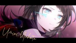 1girl absurdres bang_dream! bang_dream!_it&#039;s_mygo!!!!! black_gloves black_hair blue_eyes capelet chinese_commentary closed_mouth commentary_request expressionless gloves highres holding holding_plectrum icesky letterboxed long_hair pink_background plectrum red_capelet solo timoris_(bang_dream!) upper_body yahata_umiri