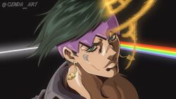 Rule 34 | 1boy, dark side of the moon, diamond wa kudakenai, earrings, genda art, green eyes, green hair, headband, heaven&#039;s door, highres, jewelry, jojo no kimyou na bouken, kishibe rohan, kishibe rohan wa ugokanai, male focus, pink floyd, rainbow, short hair, solo, stand (jojo), stone ocean, undercut