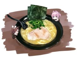 2girls blue_eyes blush bowl brown_hair chibi commentary_request food food_focus hair_ornament hair_ribbon highres kagerou_(kancolle) kantai_collection long_hair looking_at_viewer mini_person minigirl multiple_girls noodles nori_(seaweed) open_mouth oversized_object pink_hair pleated_skirt ponytail ramen remodel_(kantai_collection) ribbon school_uniform shiranui_(kancolle) shirt short_hair short_ponytail short_sleeves size_difference skirt smile soup twintails u_yuz_xx vest white_shirt