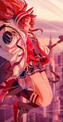 1girl absurdres angelina_(arknights) animal_ears arknights black_gloves black_shirt black_shoes black_shorts black_socks blurry blurry_background coat commentary_request fox_ears fox_girl from_side gloves hairband highres holding holding_staff infection_monitor_(arknights) light_particles long_hair midriff_peek open_clothes open_coat open_mouth outstretched_arms red_eyes red_hair red_hairband red_shoes shirt shoes short_shorts shorts socks solo songchuan_li spread_arms staff striped_clothes striped_hairband thighs twintails two-tone_hairband white_coat