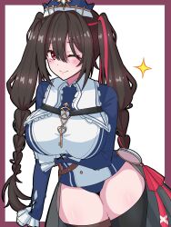 1girl anshinin_misa arm_at_side belt black_hair black_thighhighs blue_leotard blue_sleeves blush bow braid breasts brown_belt closed_mouth cowboy_shot frilled_cuffs gloves hand_on_own_arm head_ornament highres key large_breasts leotard long_hair long_sleeves looking_at_viewer mole mole_under_eye multicolored_hair multicolored_leotard one_eye_closed orihojisan pink_eyes pink_hair red_bow simple_background smile solo streaked_hair thighhighs thighs twin_braids two-tone_hair two-tone_leotard vee_(vtuber) virtual_youtuber white_background white_gloves white_leotard wide_hips