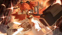 1girl absurdres asymmetrical_gloves bear_ear_hairband collar crop_top elbow_gloves eyepatch flame_print gloves hammer highres holding holding_hammer jumpsuit jumpsuit_around_waist koleda_belobog long_hair metal_collar navel pants red_eyes red_hair single_elbow_glove smile twintails white_pants yuyiosang zenless_zone_zero
