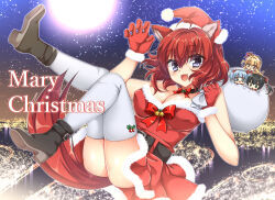 Rule 34 | 4girls, :d, alternate costume, amagiri yune, amairo islenauts, animal ears, bag, bare shoulders, bell, belt, black belt, black boots, black hair, blonde hair, blue eyes, blue hair, blush, boots, bow, bowtie, breasts, chibi, chibi inset, christmas, claw pose, cleavage, commentary request, covered erect nipples, detached collar, dress, dress bow, fang, full body, fur-trimmed dress, fur-trimmed gloves, fur trim, fuyukichi (nikoniko1567), gift bag, gloves, hair bell, hair ornament, hair ribbon, hands up, happy, hat, highres, holding, holding bag, knees together feet apart, large breasts, masaki gaillard, merry christmas, midair, multiple girls, night, night sky, open mouth, outdoors, ponytail, red bow, red bowtie, red dress, red gloves, red ribbon, ribbon, santa costume, santa dress, santa hat, shiraga airi, shirley warwick, short dress, sky, smile, solo focus, sparkle, star (sky), starry sky, tail, thighhighs, thighs, twintails, white thighhighs, wolf ears, wolf girl, wolf tail