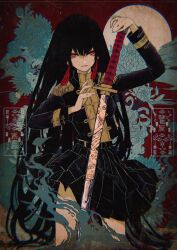 1girl black_hair black_jacket black_skirt bright_pupils epaulettes flower hair_between_eyes highres jacket katana long_hair looking_at_viewer military_jacket original parted_lips pleated_skirt red_background red_eyes skirt smoke solo sword very_long_hair washiya0 weapon
