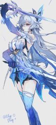 1girl blue_thighhighs breasts dress dual_wielding feet_out_of_frame genshin_impact grey_background grey_hair hair_ornament highres holding holding_sword holding_weapon long_hair looking_at_viewer medium_breasts parted_lips pink_eyes simple_background skirk_(genshin_impact) solo standing sword thighhighs toona79826316 very_long_hair weapon white_dress