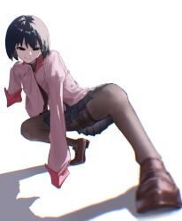 Rule 34 | 1girl, black eyes, black hair, black necktie, black pantyhose, black undershirt, bob cut, empty eyes, floating neckwear, hair between eyes, kousensei 180, long sleeves, looking at viewer, monogatari (series), naoetsu high school uniform, necktie, oshino ougi, pale skin, pantyhose, pink shirt, school uniform, shirt, short hair, skirt, sleeves past fingers, sleeves past wrists, smile, solo, very long sleeves