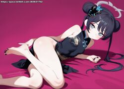 1girl absurdres bare_legs barefoot black_dress black_hair blue_archive breasts butterfly_hair_ornament china_dress chinese_clothes closed_mouth double_bun dress feet foot_out_of_frame grey_eyes hair_bun hair_ornament halo highres huge_filesize kisaki_(blue_archive) loli long_hair looking_at_viewer lying momobug22 nail_polish on_side simple_background small_breasts solo toenail_polish toenails toes twintails