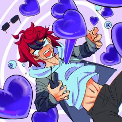 ahoge alien_stage black_jacket black_pants black_streaks blank_eyes claw_pose commentary crying crying_with_eyes_open derivative_work drawstring english_commentary eyeball glasses grey_jacket heart hood hoodie jacket male_focus multicolored_hair multicolored_jacket navel pants parody purple_background red_hair short_hair spiral_background streaked_hair submanuts sumino_takumi sunglasses tears the_hundred_line_-last_defense_academy- two-tone_jacket unworn_eyewear white_hoodie