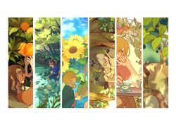 1girl 5boys arm_rest blonde_hair border chrome_(dr._stone) closed_eyes cup dr._stone elbow_on_table facial_mark flower from_side hacobox highres ishigami_senkuu long_hair looking_at_another looking_at_viewer multiple_boys nanami_ryuusui open_mouth shishiou_tsukasa short_hair smile spiked_hair suika_(dr.stone) sunflower teacup wading white_border yellow_flower
