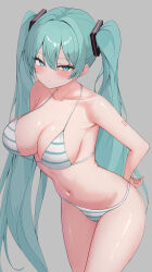 Rule 34 | 1girl, absurdres, alternate breast size, aqua eyes, aqua hair, bikini, breasts, eikawa suru, expressionless, grey background, hair between eyes, hair ornament, hand on own back, hand on own hip, hatsune miku, highres, horizontal-striped clothes, large breasts, long hair, looking at viewer, looking to the side, navel, number tattoo, simple background, solo, striped clothes, swimsuit, tattoo, thighs, tsurime, twintails, very long hair, vocaloid, white bikini