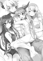 10s 1boy 3girls age_difference animal_ears arm_around_waist barefoot breasts cat_ears collar diablo_(isekai_maou) elf feet greyscale harem highres horns hug isekai_maou_to_shoukan_shoujo_no_dorei_majutsu krebskulm large_breasts loli monochrome multiple_girls novel_illustration official_art pointy_ears rem_galleu revealing_clothes s shera_l._greenwood short_hair sitting sitting_on_lap sitting_on_person slave small_breasts smile tagme tsurusaki_takahiro
