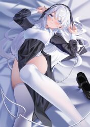 1girl absurdres arms_up ass black_shoes blue_eyes blush breasts breasts_out collared_shirt ekidona frills highres leg_up lips long_hair long_sleeves looking_at_viewer lying medium_breasts nun on_back on_bed original pelvic_curtain purple_eyes shirt shoes tail thighhighs veil white_hair white_thighhighs