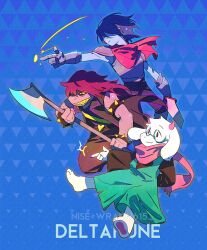 1boy 1girl 1other adversarial_noise animal_ears armlet armor artist_name axe blue_background blue_hair blue_skin bracelet breastplate colored_skin copyright_name covered_eyes deltarune dress full_body furry furry_female furry_male glasses goat_boy goat_ears goat_horns green_dress highres holding holding_axe holding_sword holding_weapon horns jewelry kris_(deltarune) medium_hair outstretched_arm pauldrons pink_scarf purple_hair ralsei scarf semi-rimless_eyewear sharp_teeth short_hair shoulder_armor spiked_armlet spiked_bracelet spikes susie_(deltarune) sword teeth under-rim_eyewear weapon wraith615