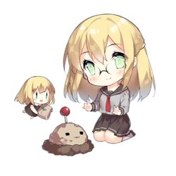 2girls :3 :d =_= bag black_shoes blonde_hair blush blush_stickers brown_dress brown_sailor_collar brown_skirt chibi closed_mouth dirt dress fairy_(girls&#039;_frontline) fertilizer full_body girls&#039;_frontline glasses green_eyes grey_shirt hair_between_eyes holding holding_bag kneeling landmine_fairy_(girls&#039;_frontline) long_hair long_sleeves looking_at_viewer multiple_girls necktie official_art open_mouth pleated_skirt pushpin red_necktie rimless_eyewear sailor_collar saru school_uniform serafuku shirt shoes simple_background skirt smile socks third-party_source transparent_background w white_socks |_|