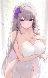1girl absurdres alternate_breast_size arm_under_breasts blush breasts brown_hair collarbone colored_inner_hair commentary covered_navel covering_privates cowboy_shot flower hair_flower hair_ornament hair_ribbon hand_on_own_chest herta_(honkai:_star_rail) highres honkai:_star_rail honkai_(series) large_breasts long_hair looking_at_viewer multicolored_hair nude_cover origami_(poinia) paid_reward_available parted_lips purple_eyes purple_flower purple_hair purple_petals purple_ribbon ribbon signature solo the_herta_(honkai:_star_rail) very_long_hair wet
