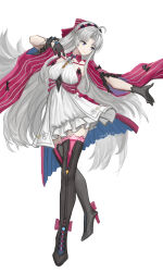 1girl absurdres ahoge aqua_eyes black_boots black_gloves boots bow breasts carlotta_(wuthering_waves) closed_mouth commentary_request dress gloves hair_bow hand_up high_heel_boots high_heels highres jacket looking_to_the_side making-of_available medium_breasts parted_bangs pink_bow pink_jacket pink_thighhighs simple_background smile solo striped_bow thighhighs thighhighs_under_boots thighs white_background white_dress wuthering_waves yitai_zhi_meng