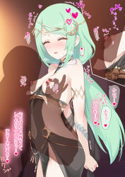 Rule 34 | 1boy, 1girl, armlet, bare shoulders, belly chain, black dress, blush, breasts, breasts out, chika (ceremonial) (princess connect!), chika (princess connect!), circlet, covered navel, dress, green hair, hetero, highres, jewelry, long hair, medium breasts, nagehazushi, neck ring, nipples, pelvic curtain, ponytail, princess connect!, side slit, tattoo, translation request