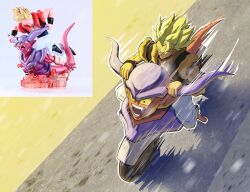 Rule 34 | 1boy, black vest, blonde hair, dragon ball, dragonball z, gogeta, green eyes, highres, janemba, metamoran vest, motion lines, motor vehicle, motorcycle, pants, photo inset, riding, shadow, solo, speed lines, spiked hair, vest, white pants, zerooart