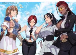 4girls ahoge armor bare_shoulders belt_buckle between_breasts black_gloves black_hair black_necktie black_pants black_suit blonde_hair blue_shirt blush braid breasts buckle cleavage crimson_viper crossed_arms dark-skinned_female dark_skin earrings elbow_gauntlets formal_clothes gloves green_eyes hairband highres jewelry kagematsuri kazama_jun large_breasts long_hair mature_female midriff multiple_girls navel necktie necktie_between_breasts pant_suit pants pauldrons pompadour red_hair red_necktie safety_glasses see-through_clothes see-through_shirt shirt short_hair shoulder_armor sideboob single_braid single_pauldron skirt sleeveless sleeveless_shirt sophitia_alexandra soul_calibur soulcalibur soulcalibur_vi street_fighter street_fighter_iv_(series) suit sunglasses tekken tekken_8 the_king_of_fighters the_king_of_fighters_2000 tinted_eyewear twitter_username vanessa_(kof) white_gloves white_hairband white_shirt white_skirt yellow-tinted_eyewear