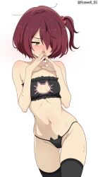 1girl absurdres artist_name bare_arms bare_shoulders black_bra black_panties black_thighhighs blush bra breasts cat_lingerie cowboy_shot gluteal_fold grey_background groin hair_ornament highres komari_chika make_heroine_ga_oo_sugiru! medium_breasts medium_hair meme_attire navel orange_eyes panties red_hair roswell_ss shiny_skin side_ponytail simple_background solo stomach sweat thighhighs underwear