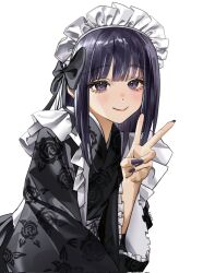 Rule 34 | 1girl, black eyes, black hair, black kimono, cosplay, highres, japanese clothes, kimono, kitagawa marin, kuroe shizuku, kuroe shizuku (cosplay), maid headdress, o0hiruko0o, simple background, solo, sono bisque doll wa koi wo suru, upper body, v, white background