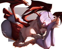 1girl absurdres artist_request ass bare_shoulders blush boots bridal_gauntlets darkstalkers fur_trim head_wings high_heel_boots high_heels highres leotard lilith_(darkstalkers) looking_at_viewer lying on_side pantyhose purple_hair red_eyes short_hair smile solo thong thong_leotard wings