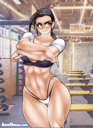 1girl abs absurdres antenna_hair arm_support artist_name bare_legs bare_shoulders biceps breasts cleavage clothes_lift curvy grey_hair gym highleg highleg_panties highres jago_dibuja large_breasts lips long_hair looking_at_viewer mila_(living_with_hipstergirl_and_gamergirl) muscular muscular_female navel open_mouth original panties ponytail shiny_skin shirt shirt_lift solo thighs thong underwear undressing white_background wide_hips