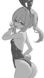 Rule 34 | 1girl, absurdres, animal ears, ass, bare shoulders, black survival, cowboy shot, eternal return: black survival, fake animal ears, fake tail, from side, greyscale, highres, leni (black survival), leotard, long hair, looking at viewer, looking to the side, monochrome, open mouth, playboy bunny, rabbit ears, rabbit tail, simple background, smile, solo, tail, white background, wrist cuffs, yep (37004185)