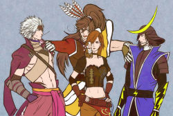 1girl 3boys armor brown_hair chosokabe_motochika_(sengoku_basara) date_masamune_(sengoku_basara) long_hair maeda_keiji maeda_keiji_(sengoku_basara) monkey multiple_boys navel open_mouth saika_magoichi sengoku_basara short_hair silver_hair sweat tongue yumikichi