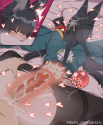 1boy 1girl absurdres ahegao animal_ear_fluff animal_ears anus ass ass_focus black_hair black_pantyhose blush braid breasts clothed_female_nude_male cum cum_in_pussy deep_penetration doggystyle ejaculation excessive_cum face_down face_in_pillow fox_ears fox_girl gauntlets grabbing_another&#039;s_ass green_jacket groping hair_ornament heart hetero highres hoshimi_miyabi huge_ass impregnation internal_cumshot jacket large_breasts large_ears legs_apart long_hair masochism motion_lines nipples nude on_bed pantyhose penis pillow pillow_grab ponytail pussy red_eyes rolling_eyes sex sex_from_behind single_gauntlet slap_mark spread_legs steam steaming_body stukov thick_thighs thighs top-down_bottom-up torn_clothes uterus vaginal wide_hips wide_sleeves wise_(zenless_zone_zero) x-ray zenless_zone_zero