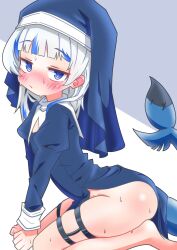 1girl absurdres alternate_costume b_j_blazkowicz blue_eyes blush fins fish_tail gawr_gura highres hololive hololive_english holomyth kneeling looking_at_viewer multicolored_hair nun shark_girl shark_tail simple_background solo streaked_hair tail virtual_youtuber white_background white_hair