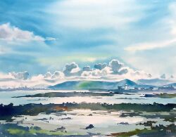 blue_sky city cityscape cloud cloudy_sky cumulonimbus_cloud day didi_daisukedoi field highres lake no_humans original painting_(medium) river riverbank shore sky skyline sunlight tower traditional_media tree water watercolor_(medium)