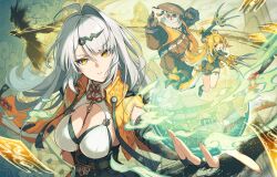 Rule 34 | 2girls, animal ears, black gloves, blonde hair, breasts, cleavage, cocodar, elbow gloves, fingerless gloves, floating hair, gloves, grey hair, ju fufu, long hair, looking at viewer, multiple girls, pan yinhu, parted lips, reaching, reaching towards viewer, second-party source, tiger ears, tiger girl, yellow eyes, yixuan (zenless zone zero), zenless zone zero