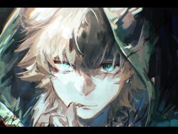 1boy animal_ears arknights black_background blonde_hair blood blood_on_clothes blood_on_face blood_on_hands blue_eyes chinese_commentary closed_mouth commentary_request dog_boy dog_ears ear_piercing earrings genghe034 hair_between_eyes hand_up highres hood hood_up hooded_jacket jacket jewelry looking_at_viewer male_focus messy_hair necklace piercing smile tequila_(arknights) white_jacket wiping_blood wiping_mouth